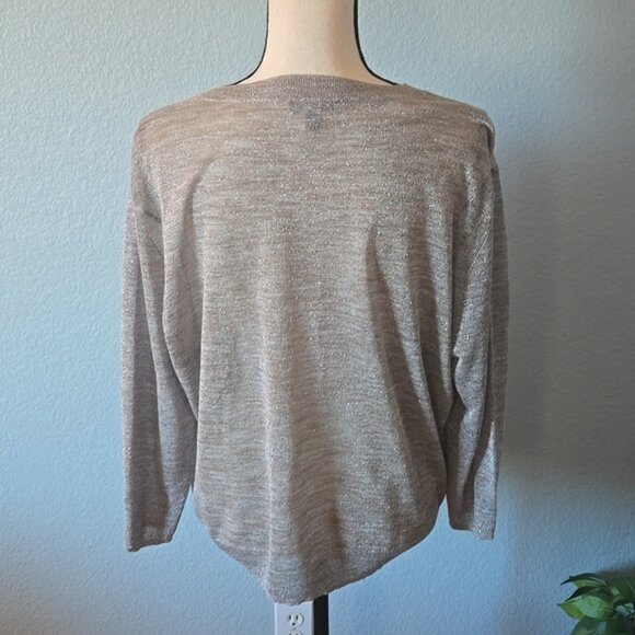 J CREW Relaxed V-neck Metallic Glitter Sweater Top Beige Taupe Gold Holiday Sz L - Picture 3 of 12